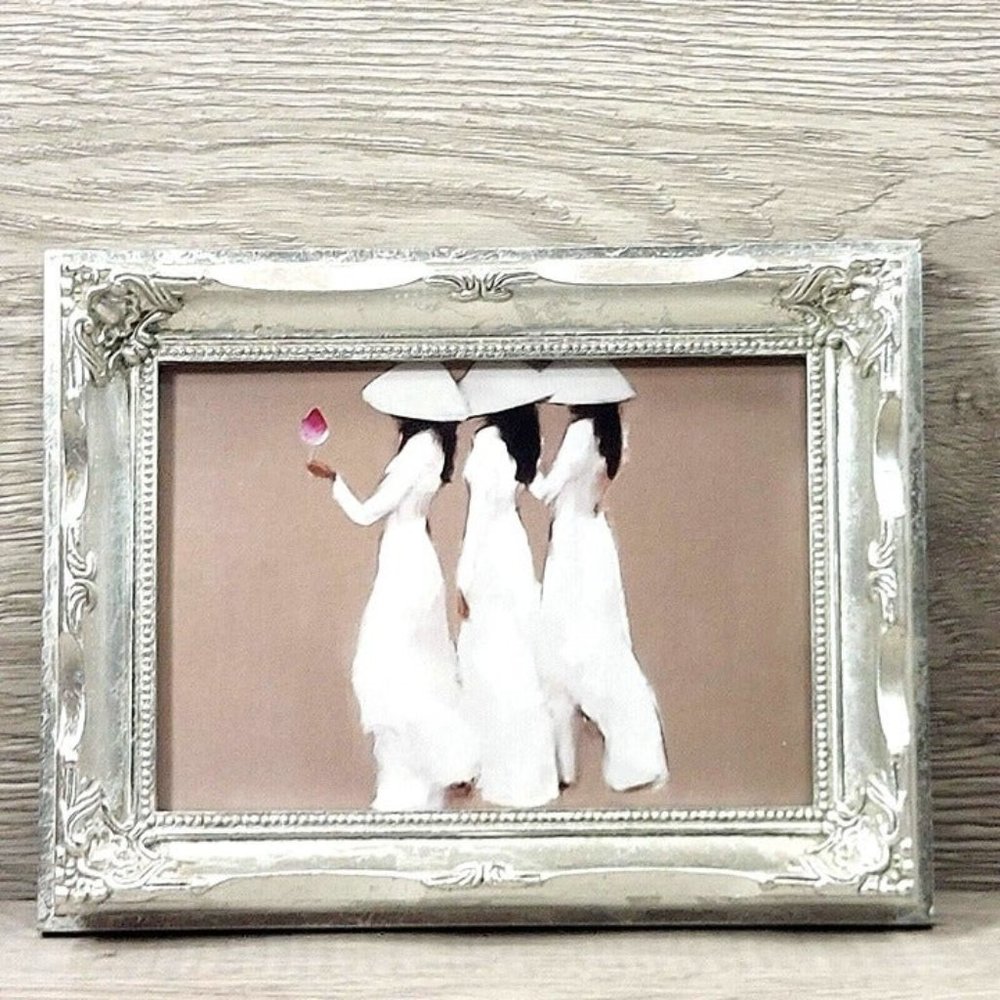 Girls With Lotus Flowers Nguyen Thanh Binh Asian Women Wall Print Silver Frame